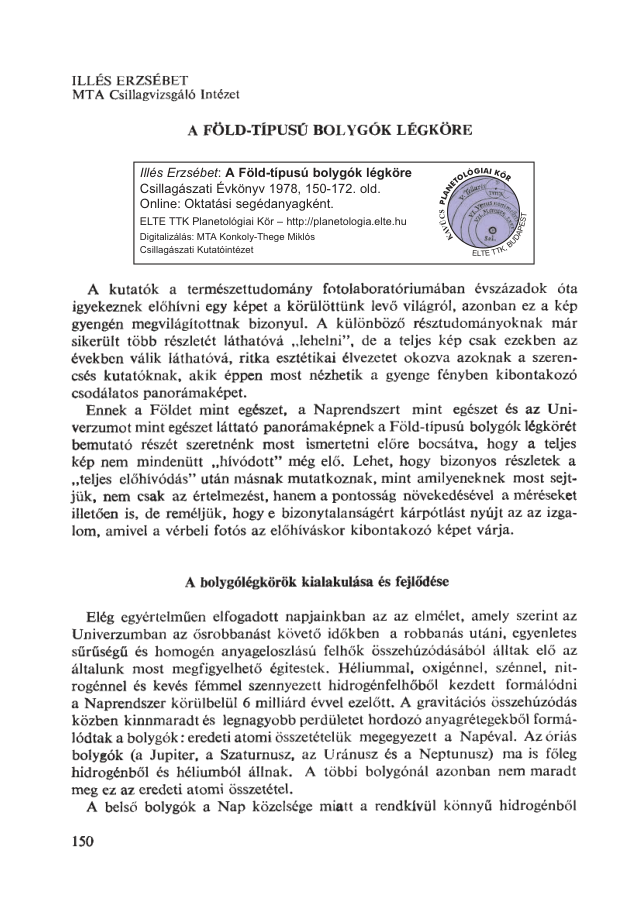 A Föld-típusú bolygók légköre címlapja