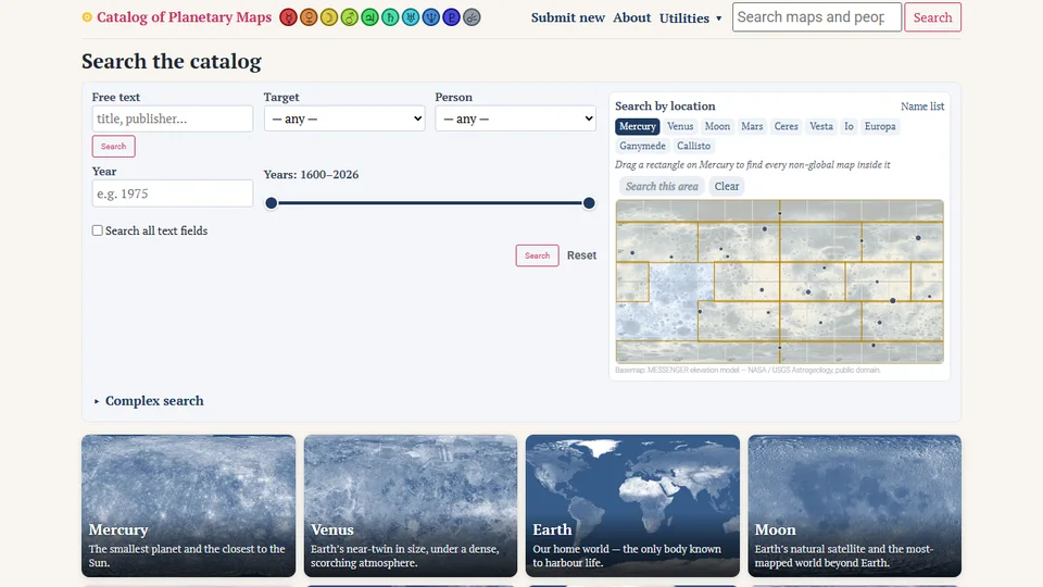 A Planetary Map Database képernyőképe